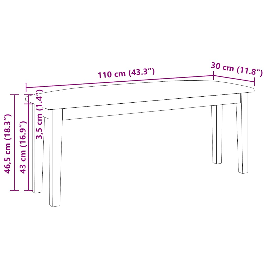 Bänk 110 cm vitt massivt trä gummi