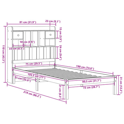 Säng med bokhylla utan madrass 75x190cm massiv furu