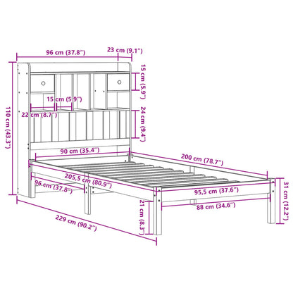 Säng med bokhylla utan madrass 90x200cm massiv furu