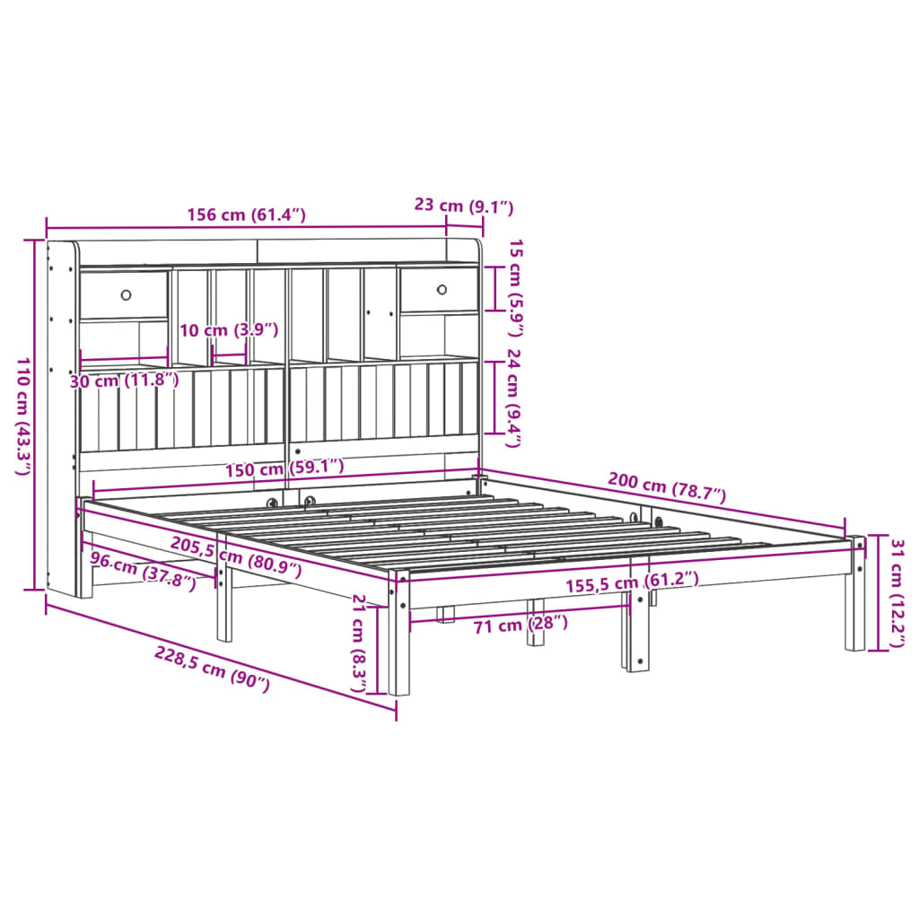 Säng med bokhylla utan madrass 150x200cm massiv furu