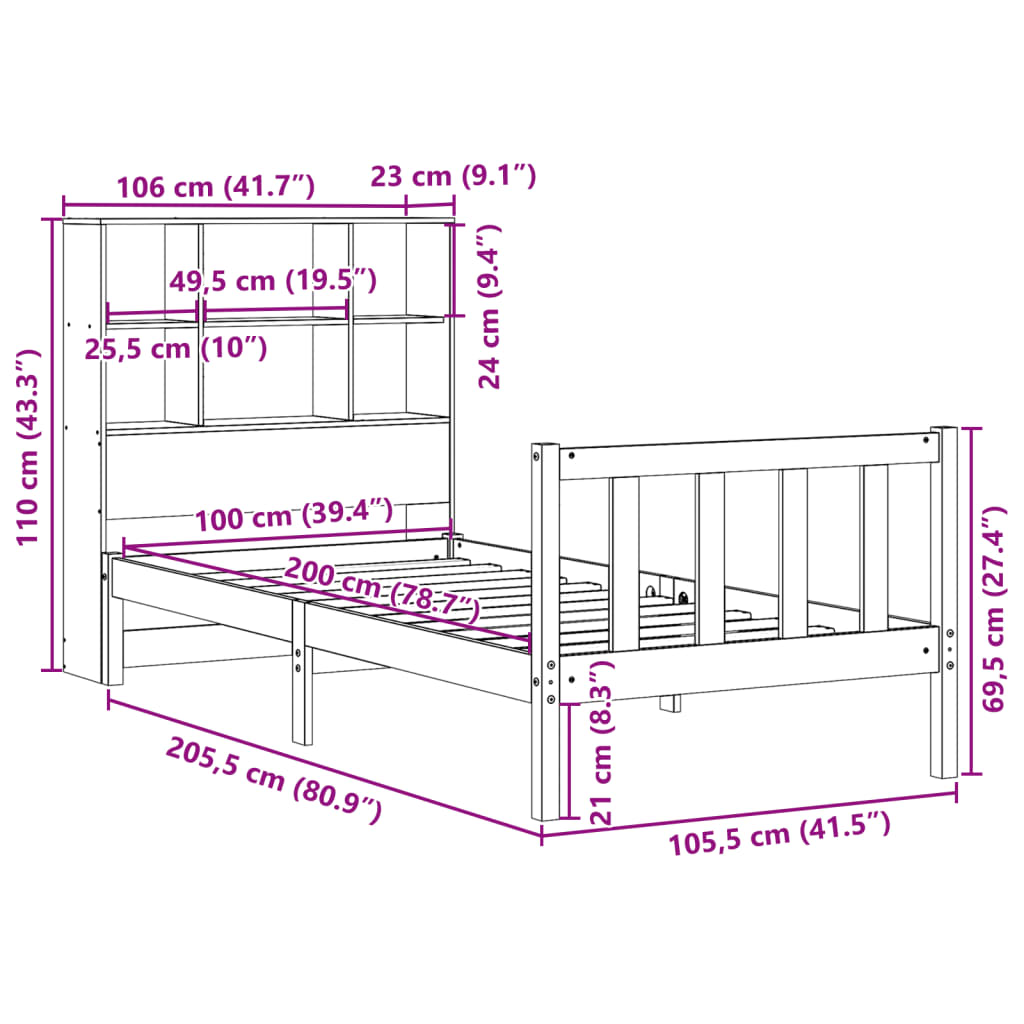 Säng med bokhylla utan madrass 100x200cm massiv furu