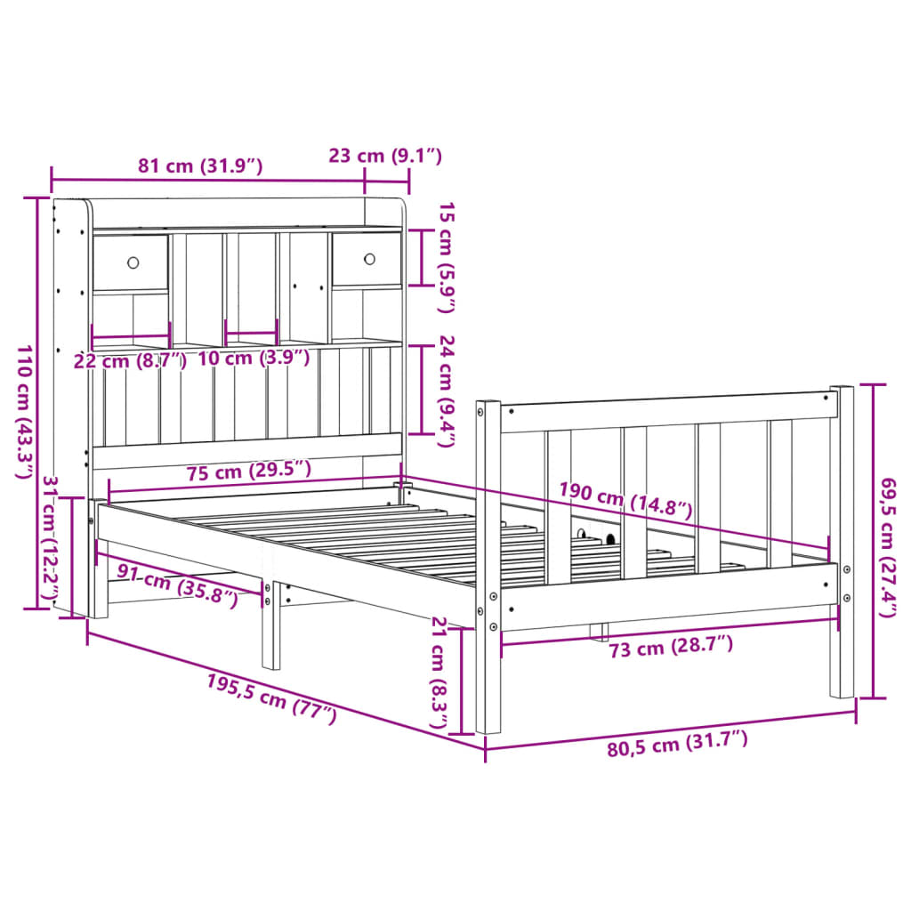 Säng med bokhylla utan madrass vit 75x190cm massiv furu