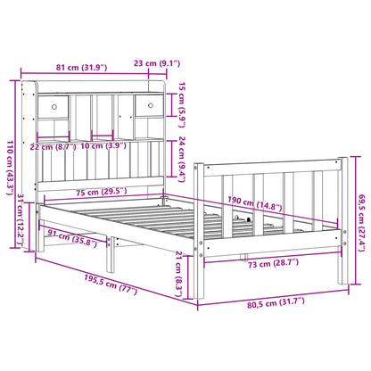 Säng med bokhylla utan madrass vit 75x190cm massiv furu