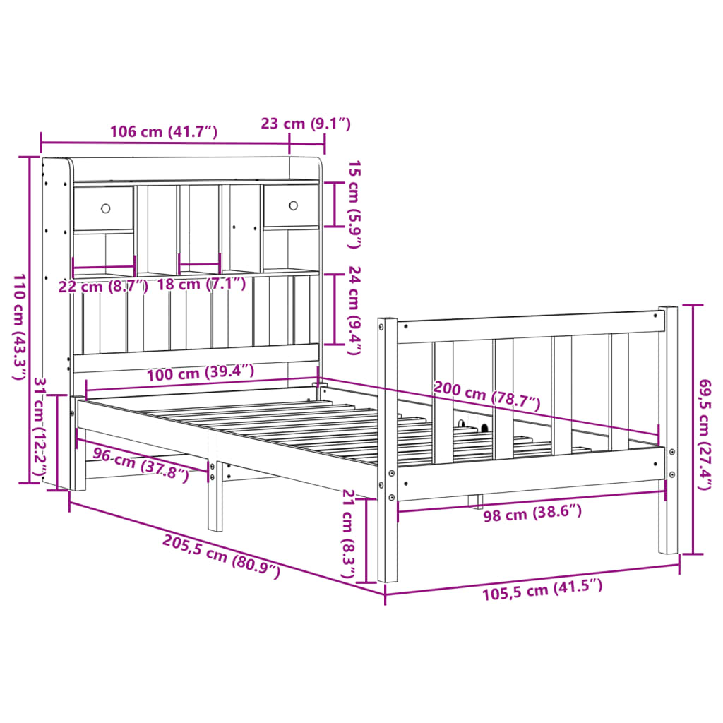 Säng med bokhylla utan madrass 100x200cm massiv furu