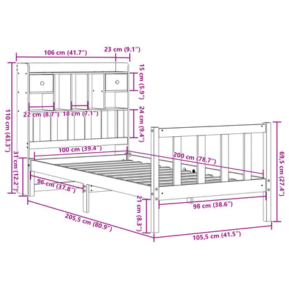 Säng med bokhylla utan madrass 100x200cm massiv furu