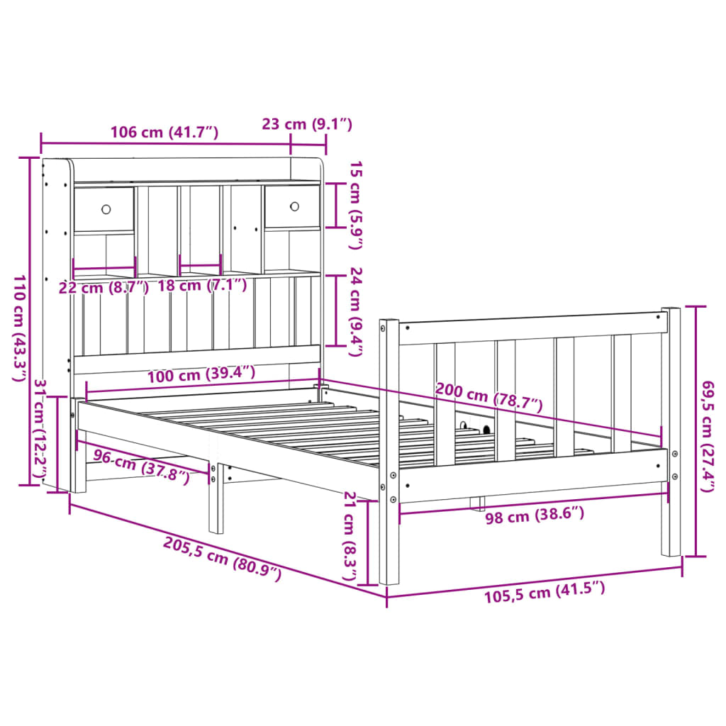 Säng med bokhylla utan madrass vit 100x200cm massiv furu