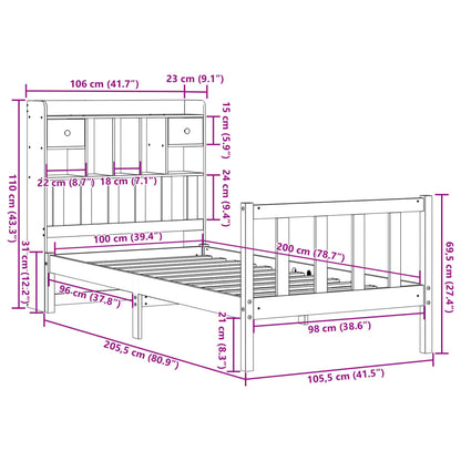 Säng med bokhylla utan madrass vit 100x200cm massiv furu