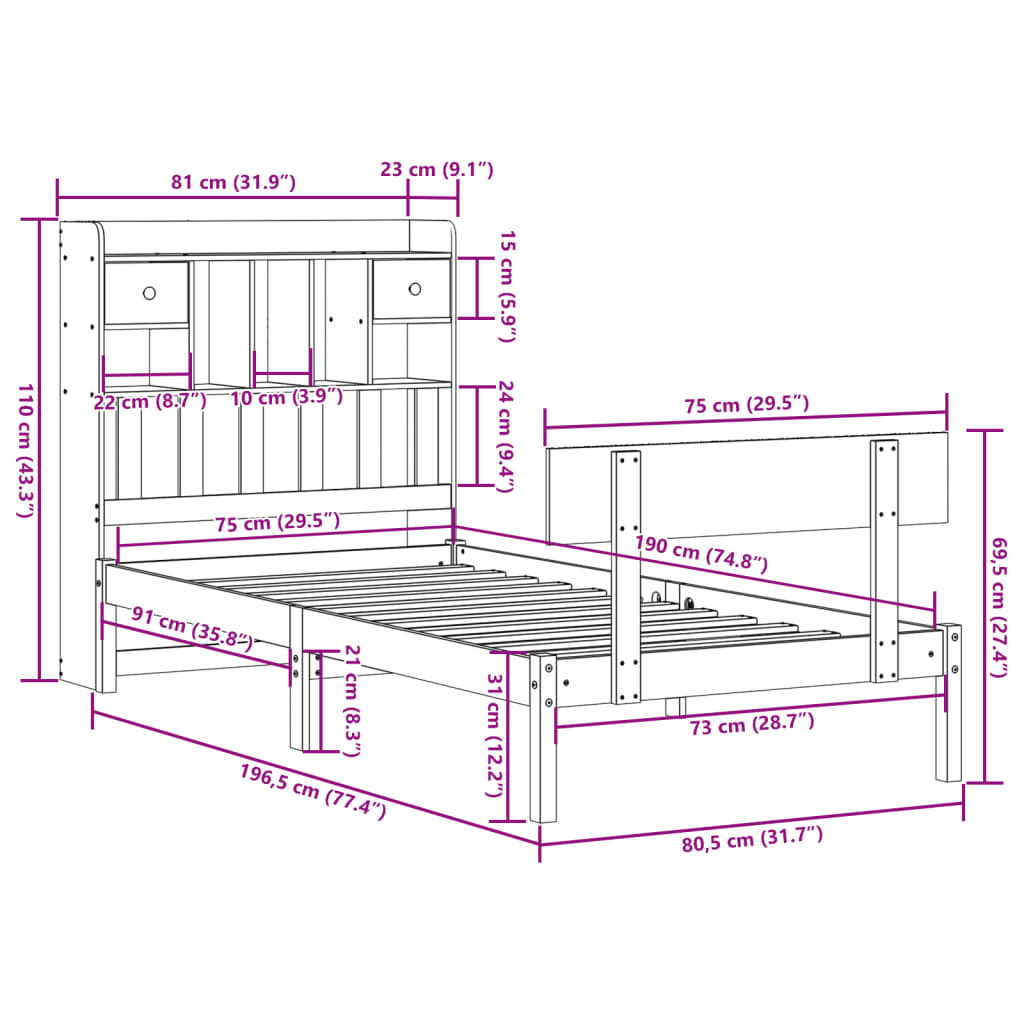 Säng med bokhylla utan madrass vit 75x190cm massiv furu