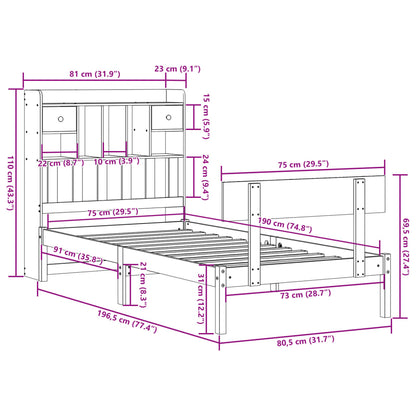 Säng med bokhylla utan madrass vit 75x190cm massiv furu