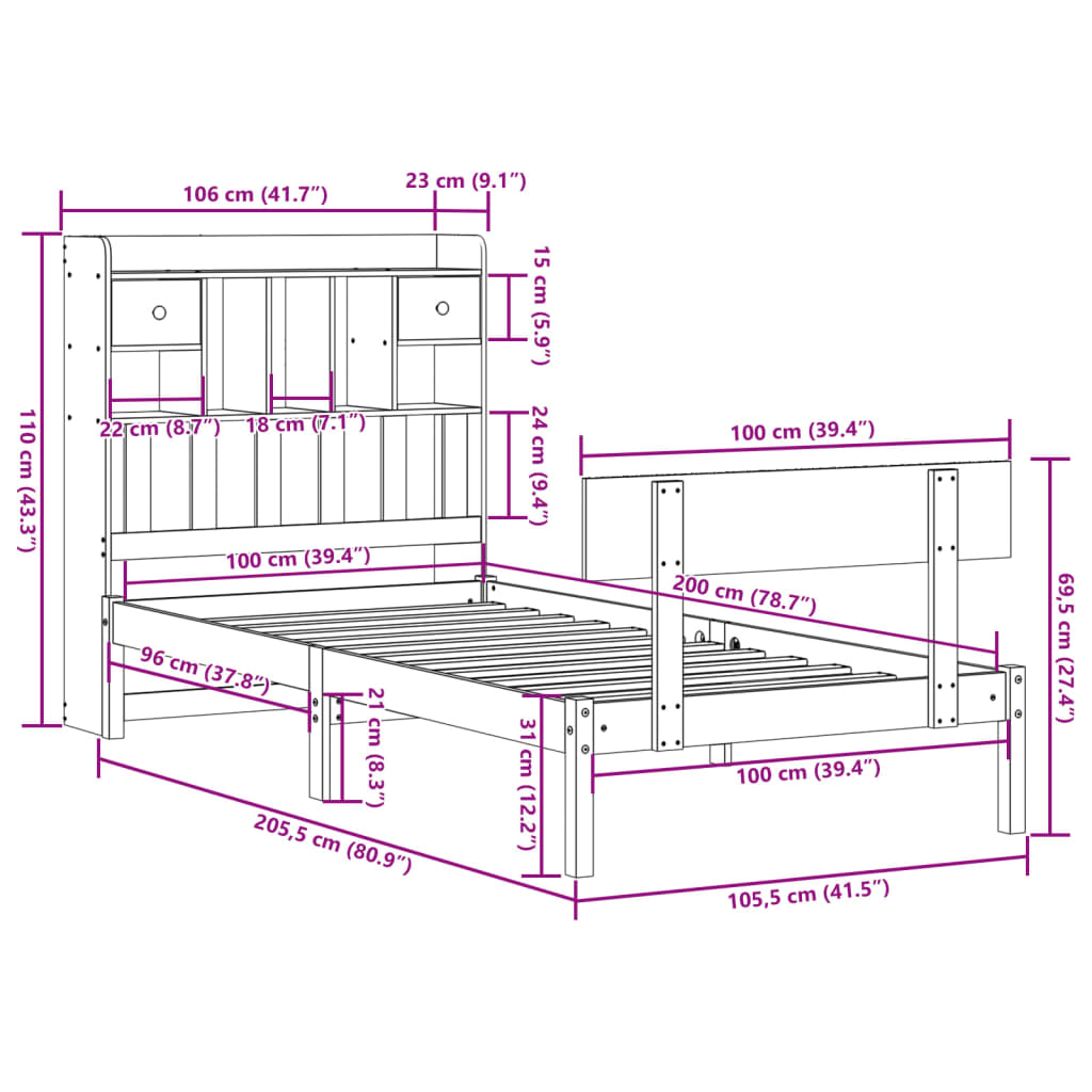 Säng med bokhylla utan madrass vit 100x200cm massiv furu