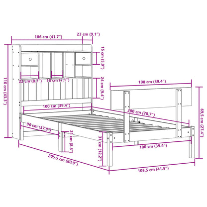 Säng med bokhylla utan madrass vit 100x200cm massiv furu