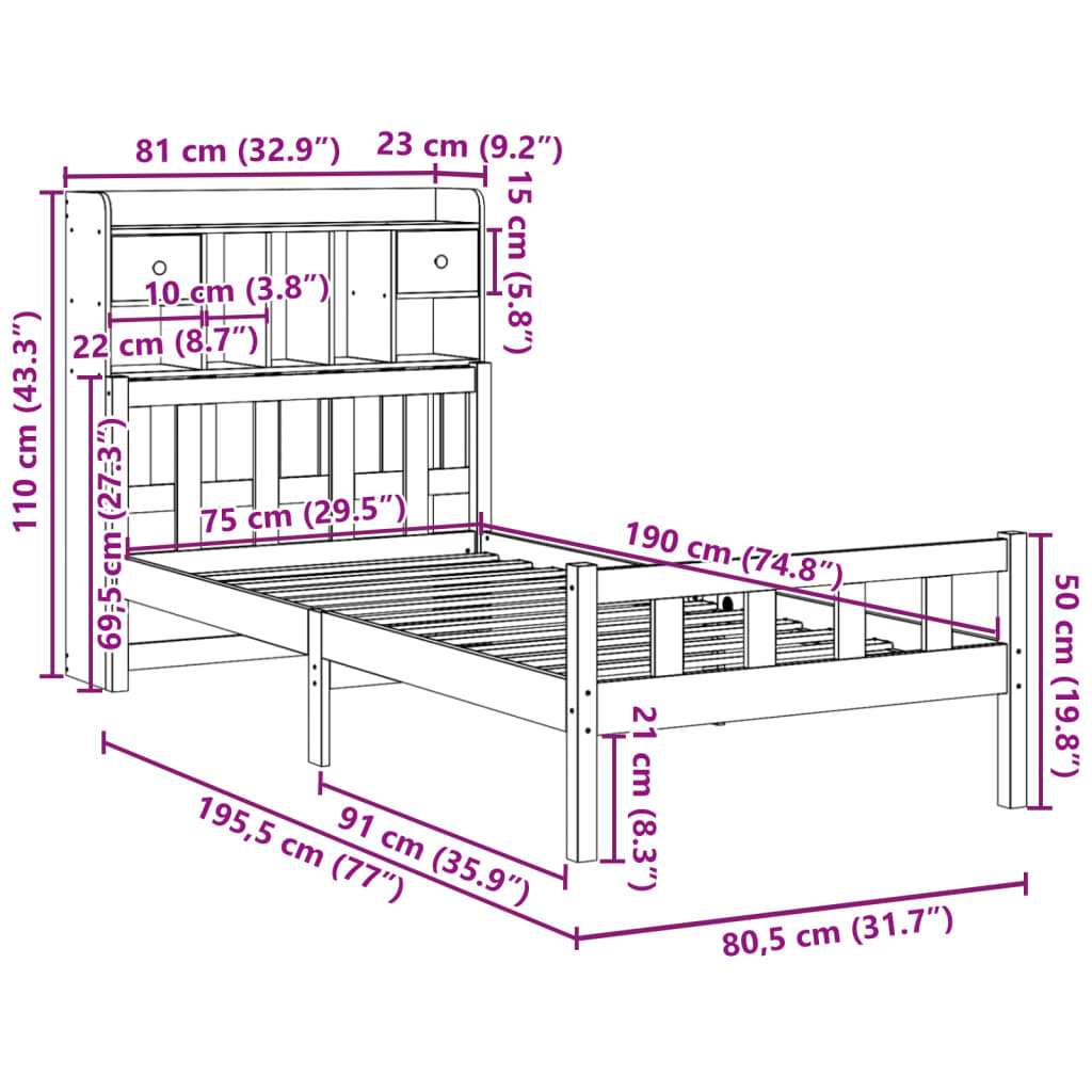 Säng med bokhylla utan madrass 75x190cm massiv furu