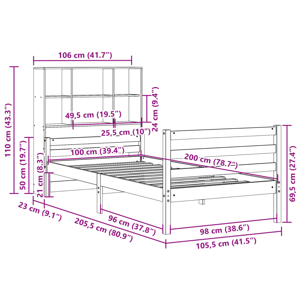 Säng med bokhylla utan madrass 100x200cm massiv furu