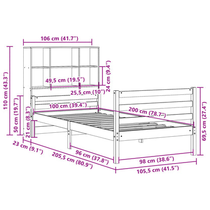 Säng med bokhylla utan madrass 100x200cm massiv furu