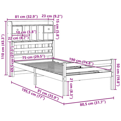 Säng med bokhylla utan madrass 75x190cm massiv furu