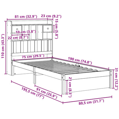 Säng med bokhylla utan madrass 75x190cm massiv furu