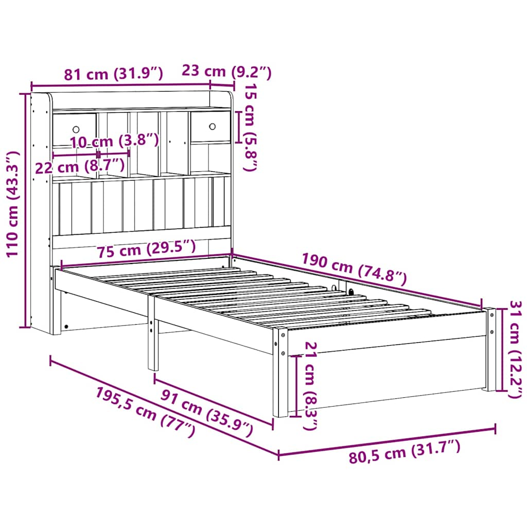 Säng med bokhylla utan madrass vit 75x190cm massiv furu