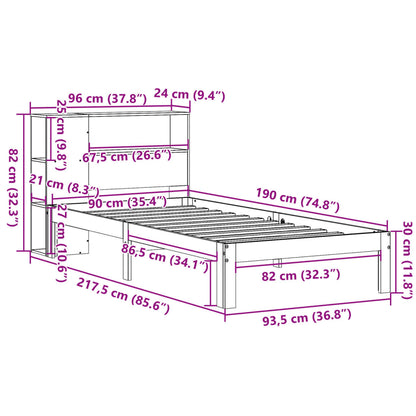 Säng med bokhylla utan madrass vaxad brun 90x190 cm massiv furu