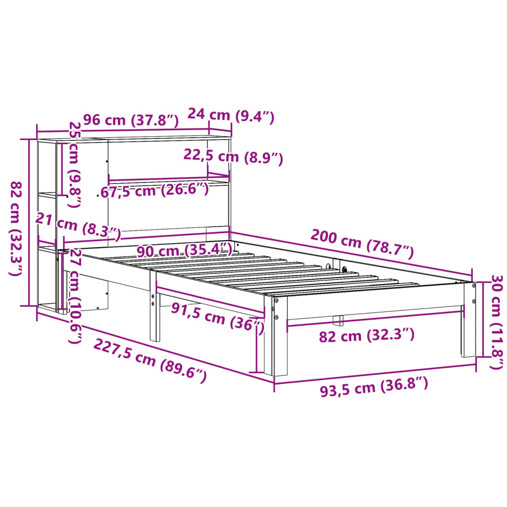 Säng med bokhylla utan madrass vaxad brun 90x200 cm massiv furu