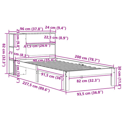 Säng med bokhylla utan madrass vaxad brun 90x200 cm massiv furu