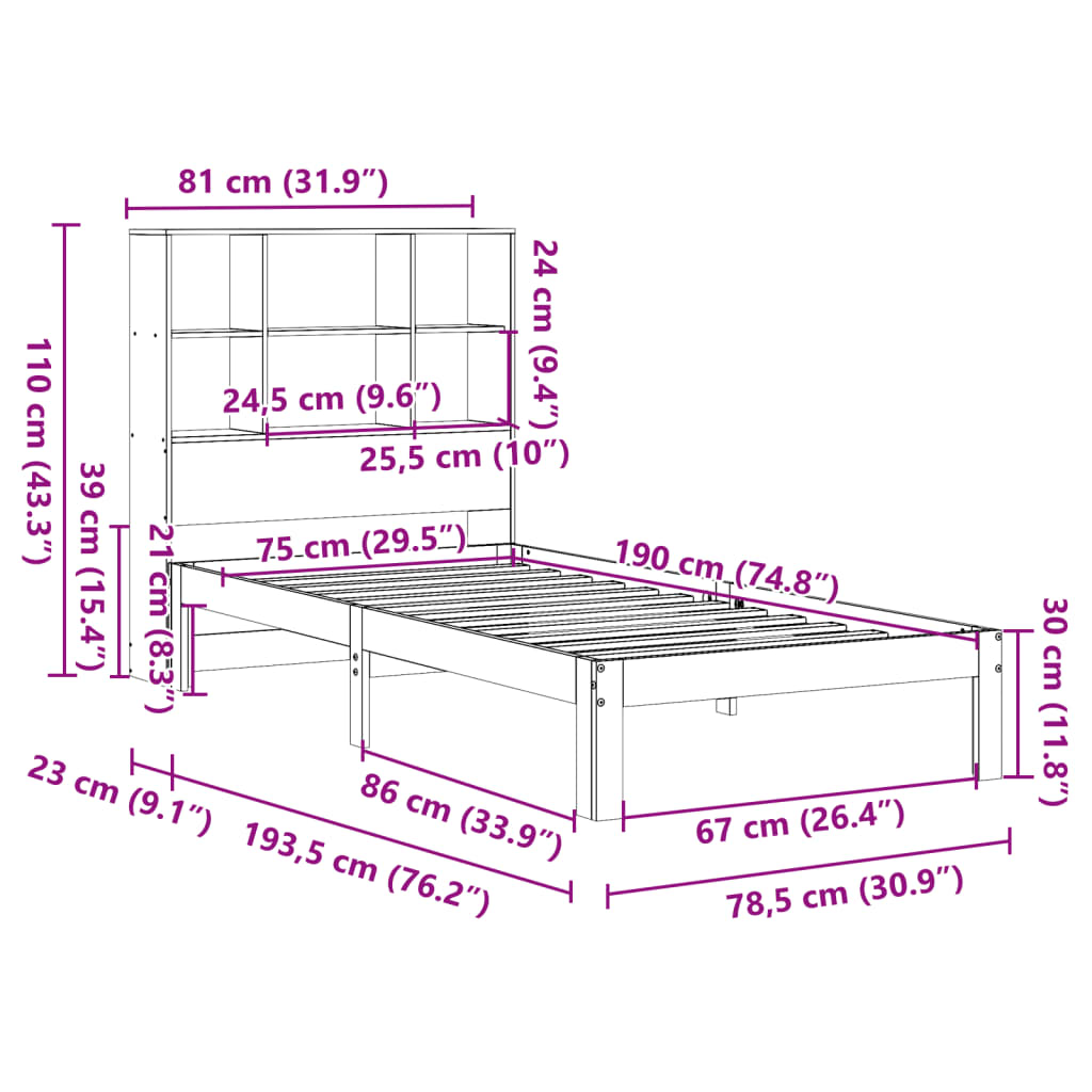 Säng med bokhylla utan madrass 75x190cm massiv furu