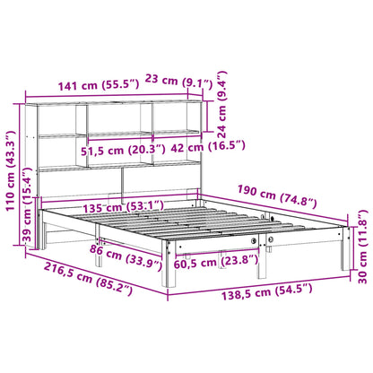 Säng med bokhylla utan madrass 135x190cm massiv furu