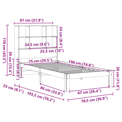 Säng med bokhylla utan madrass vaxbrun 75x190 cm massiv furu