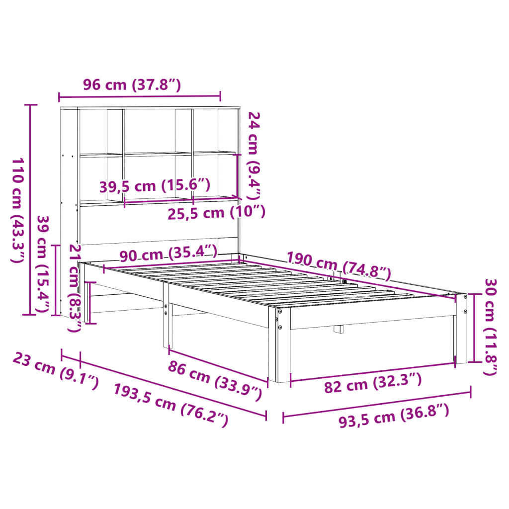 Säng med bokhylla utan madrass vaxad brun 90x190 cm massiv furu