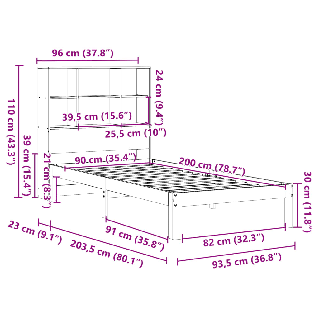 Säng med bokhylla utan madrass vaxad brun 90x200 cm massiv furu