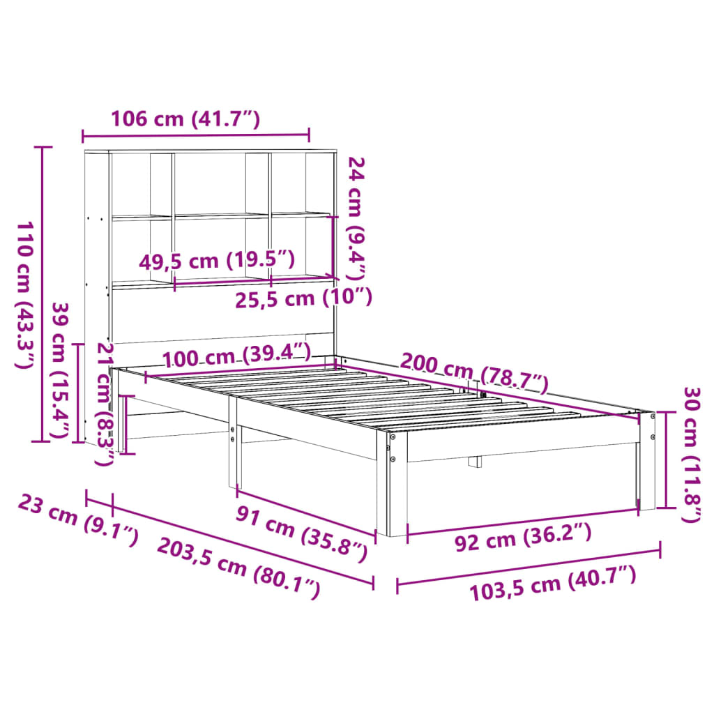 Säng med bokhylla utan madrass vaxbrun 100x200 cm massiv furu