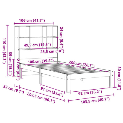 Säng med bokhylla utan madrass vaxbrun 100x200 cm massiv furu