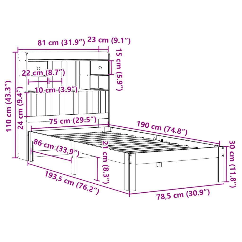 Säng med bokhylla utan madrass 75x190cm massiv furu