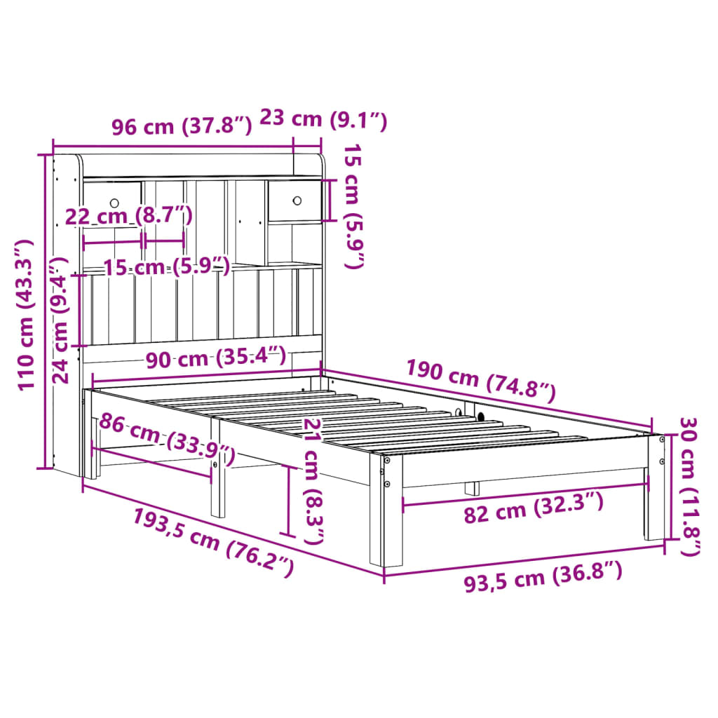 Säng med bokhylla utan madrass 90x190cm massiv furu