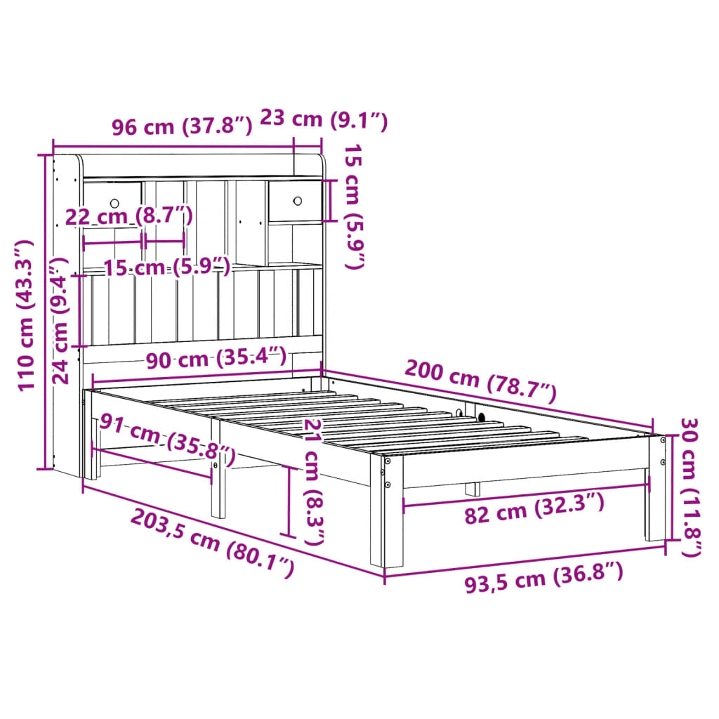 Säng med bokhylla utan madrass 90x200cm massiv furu