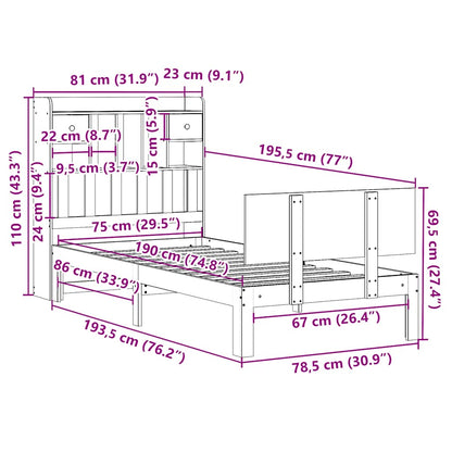 Säng med bokhylla utan madrass vit 75x190cm massiv furu