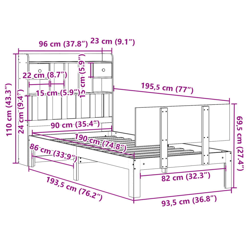 Säng med bokhylla utan madrass 90x190cm massiv furu