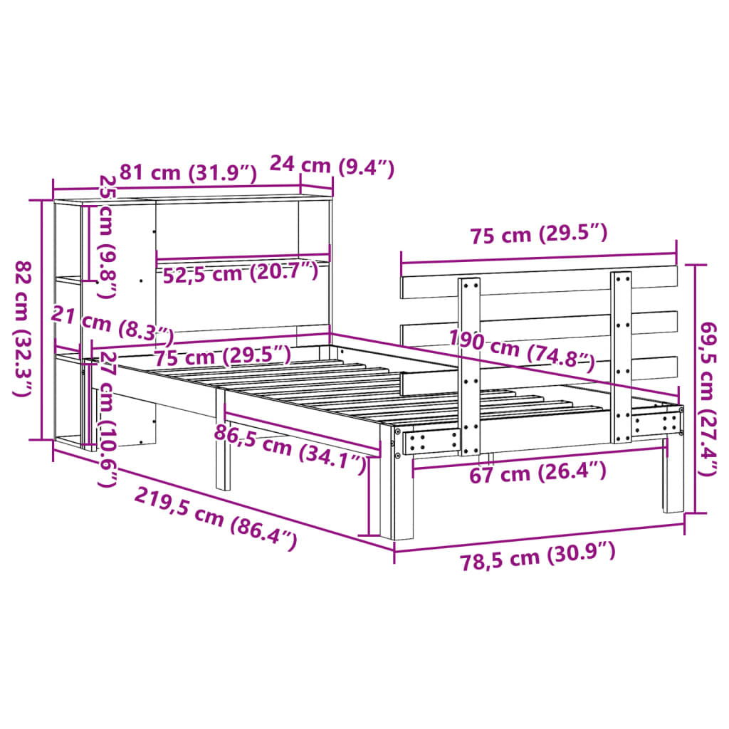 Säng med bokhylla utan madrass vaxbrun 75x190 cm massiv furu