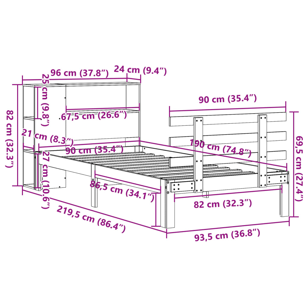 Säng med bokhylla utan madrass vaxad brun 90x190 cm massiv furu