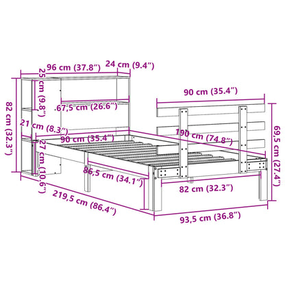 Säng med bokhylla utan madrass vaxad brun 90x190 cm massiv furu