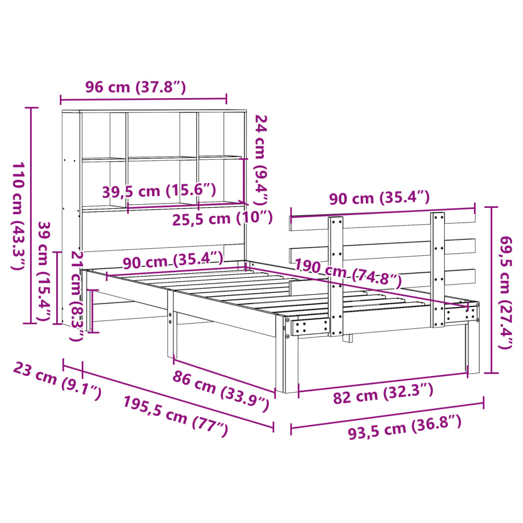 Säng med bokhylla utan madrass vaxad brun 90x190 cm massiv furu