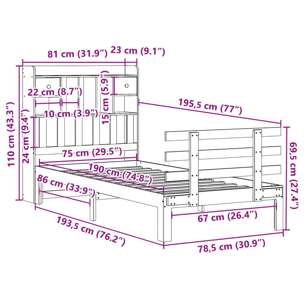 Säng med bokhylla utan madrass vit 75x190cm massiv furu