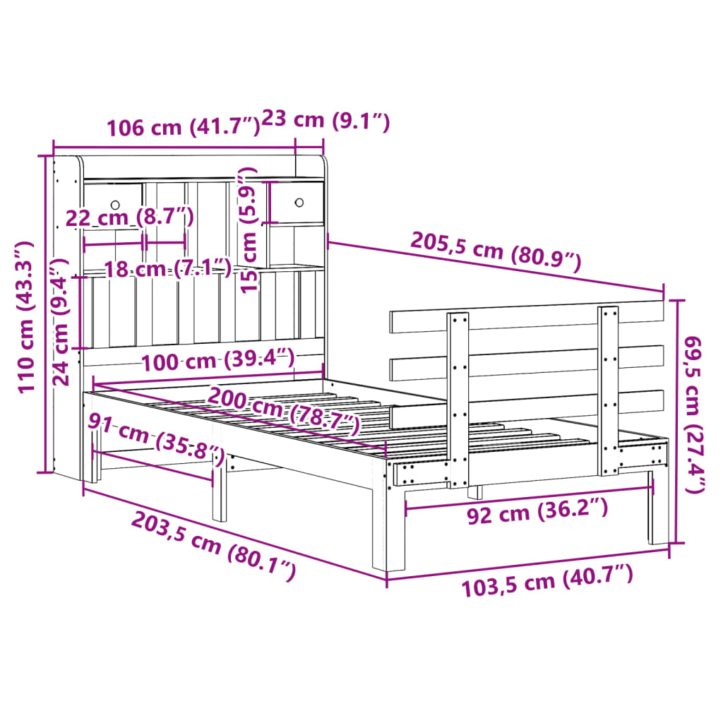 Säng med bokhylla utan madrass vaxbrun 100x200 cm massiv furu