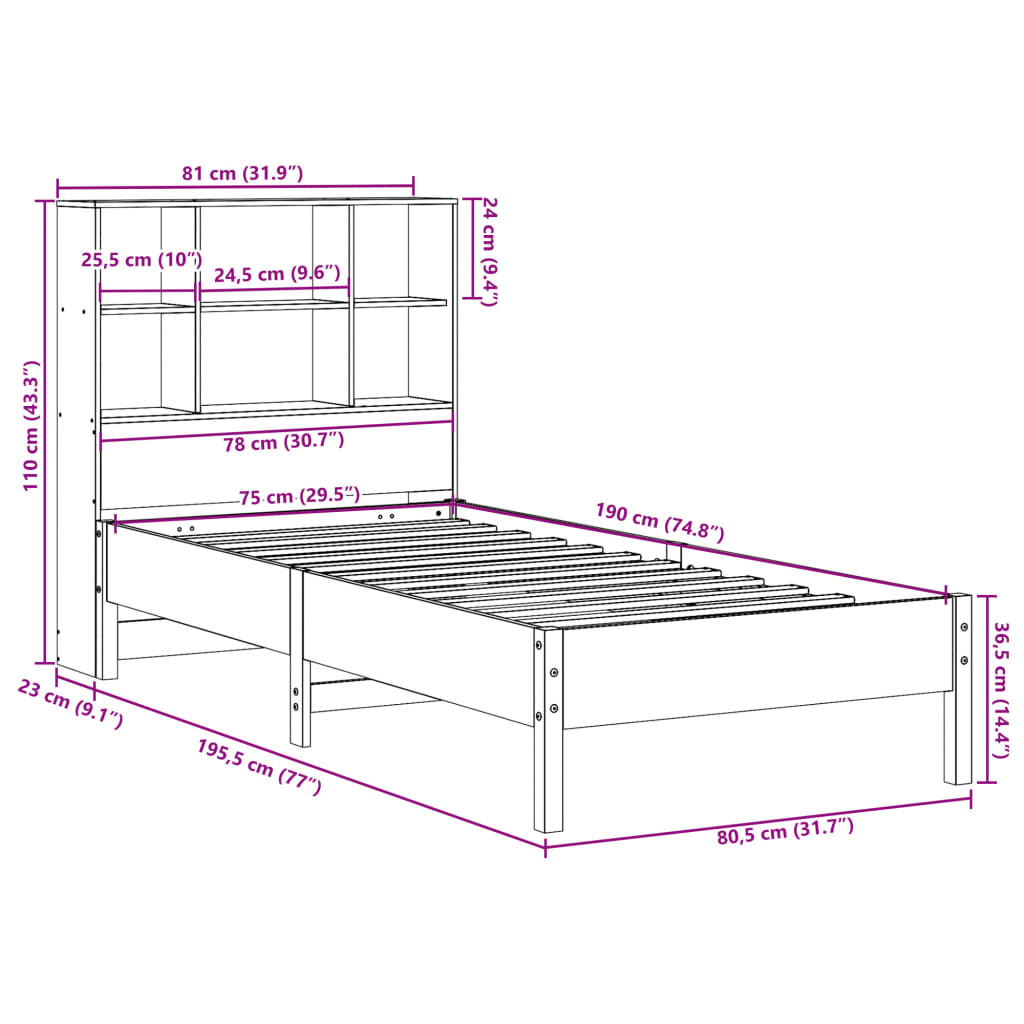 Säng med bokhylla utan madrass 75x190cm massiv furu