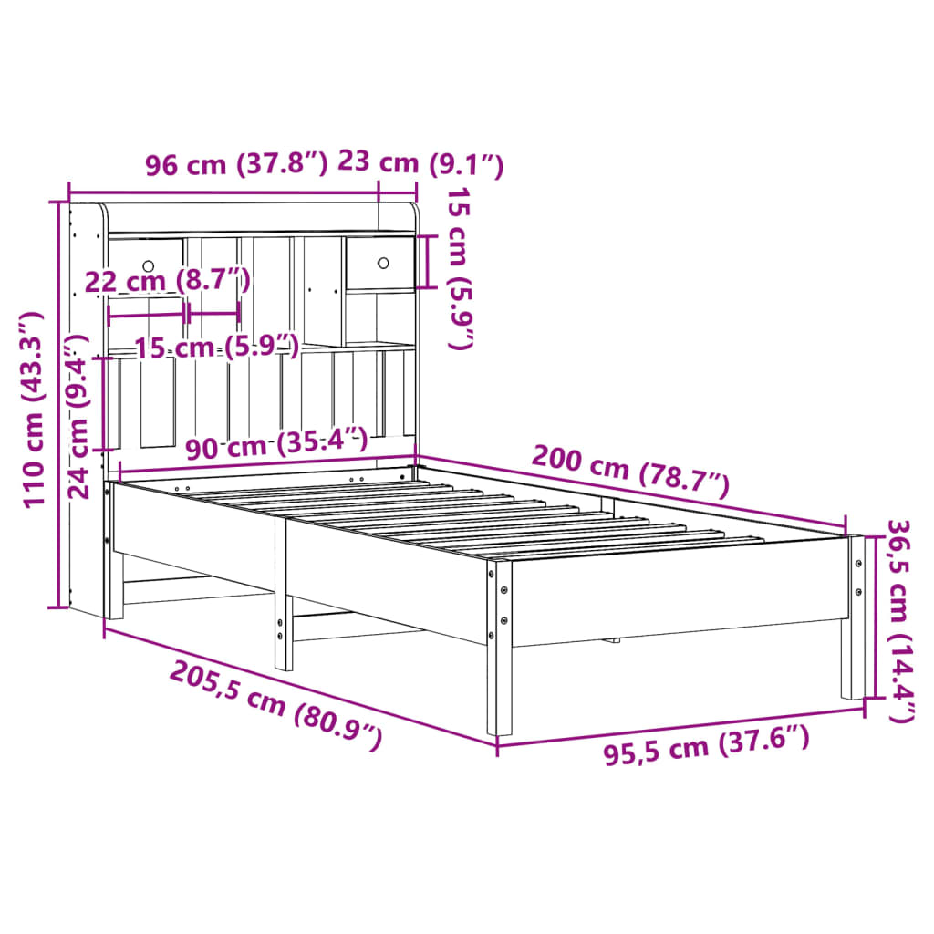 Säng med bokhylla utan madrass 90x200cm massiv furu