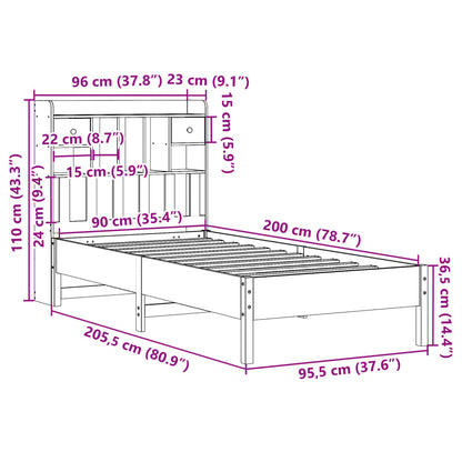 Säng med bokhylla utan madrass 90x200cm massiv furu