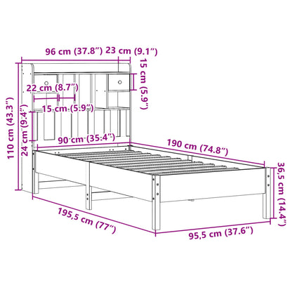 Säng med bokhylla utan madrass 90x190cm massiv furu