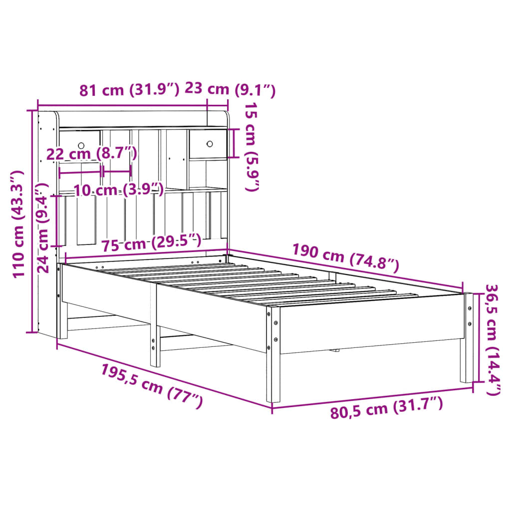 Säng med bokhylla utan madrass 75x190cm massiv furu