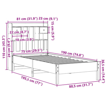 Säng med bokhylla utan madrass 75x190cm massiv furu