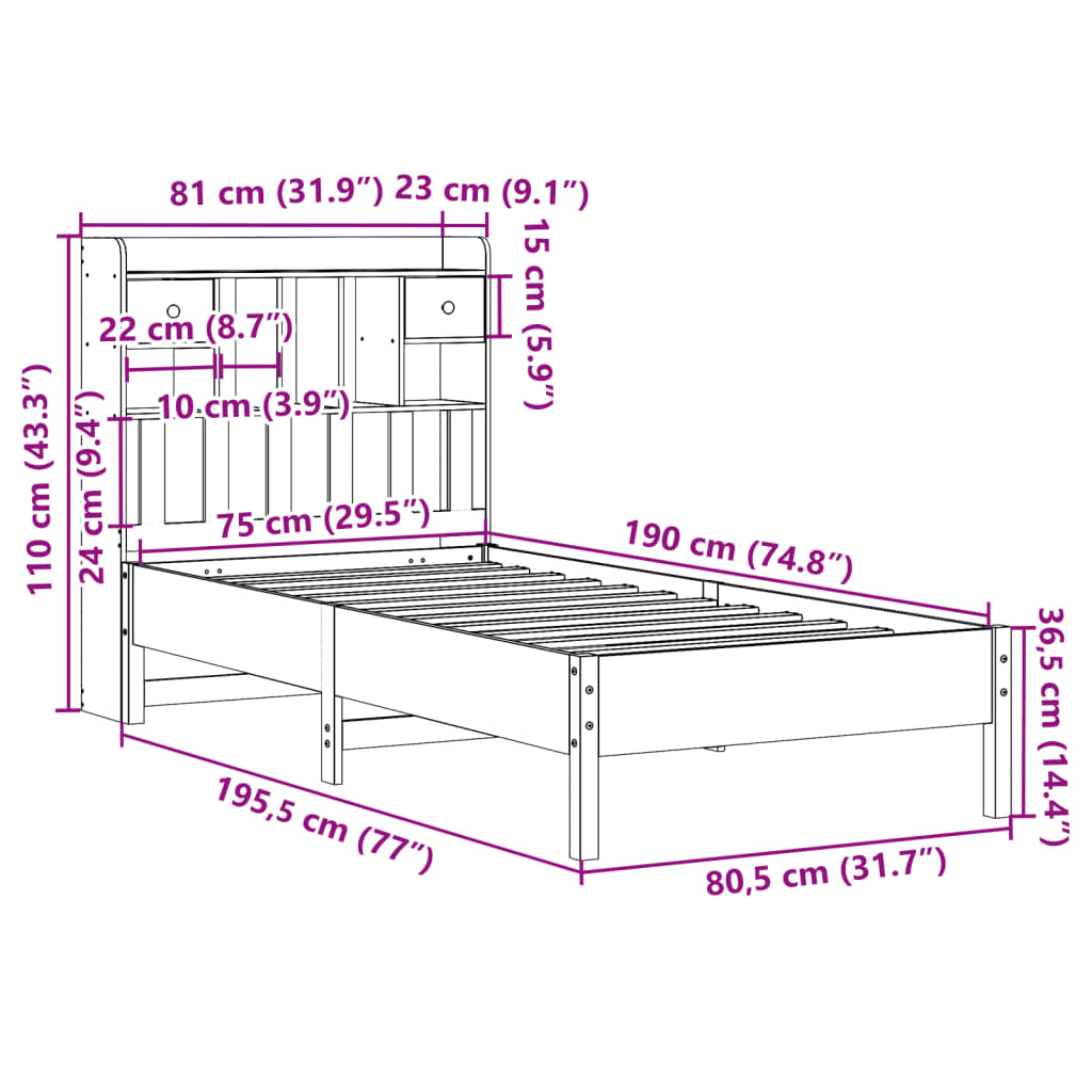 Säng med bokhylla utan madrass vaxbrun 75x190 cm massiv furu