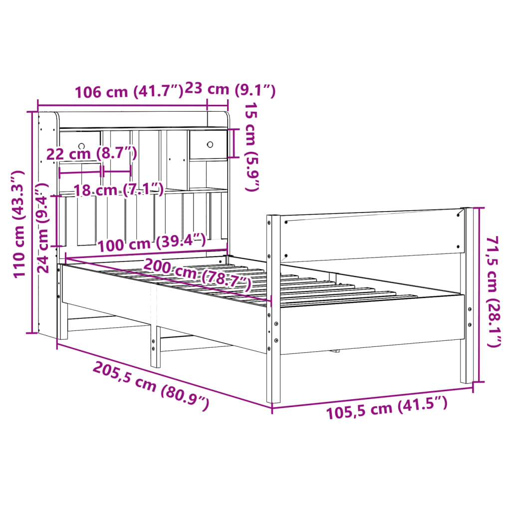 Säng med bokhylla utan madrass 100x200cm massiv furu